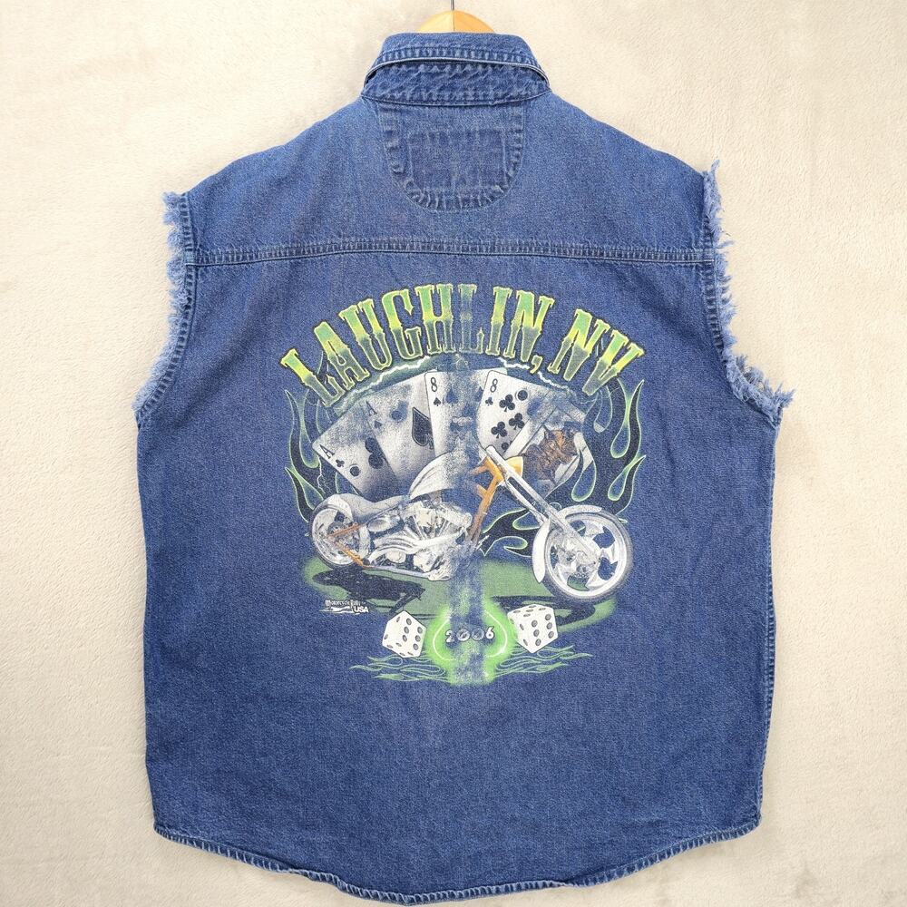 Laughlin Nevada Motorcycle‎ Rally Denim Sleeveless Shirt Men Medium 2006 Y2K Vtg